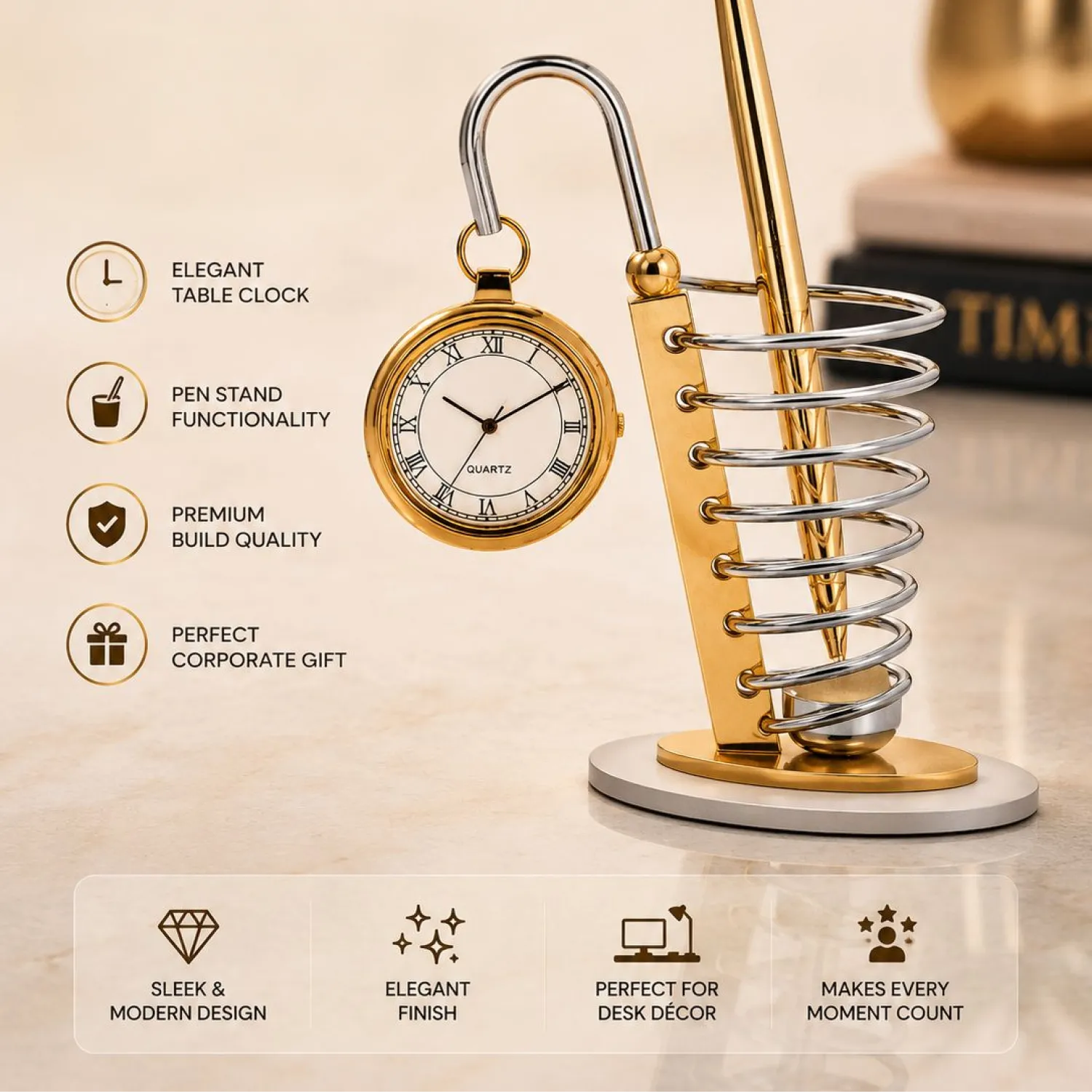Quartz Table Clock with Pen Stand Buy Quartz Table Clock with Pen Stand in bulk for Corporate Gifting | Corporate Gyft