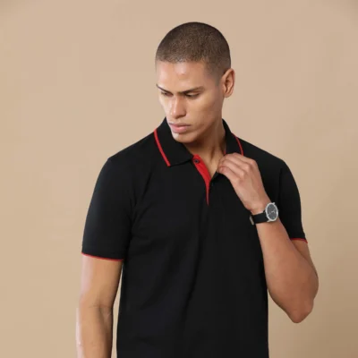Buy Executive Polo T-Shirt - Black With Red in bulk for Corporate Gifting | Corporate Gyft