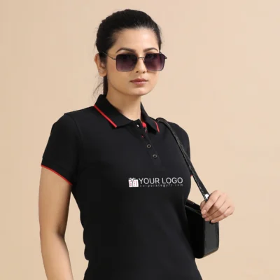 Buy Female Sustainable Smart Polos - Black With Red in bulk for Corporate Gifting | Corporate Gyft