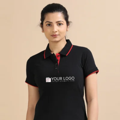 Buy Female Sustainable Smart Polos - Black With Red in bulk for Corporate Gifting | Corporate Gyft