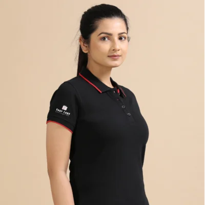 Buy Female Sustainable Smart Polos - Black With Red in bulk for Corporate Gifting | Corporate Gyft